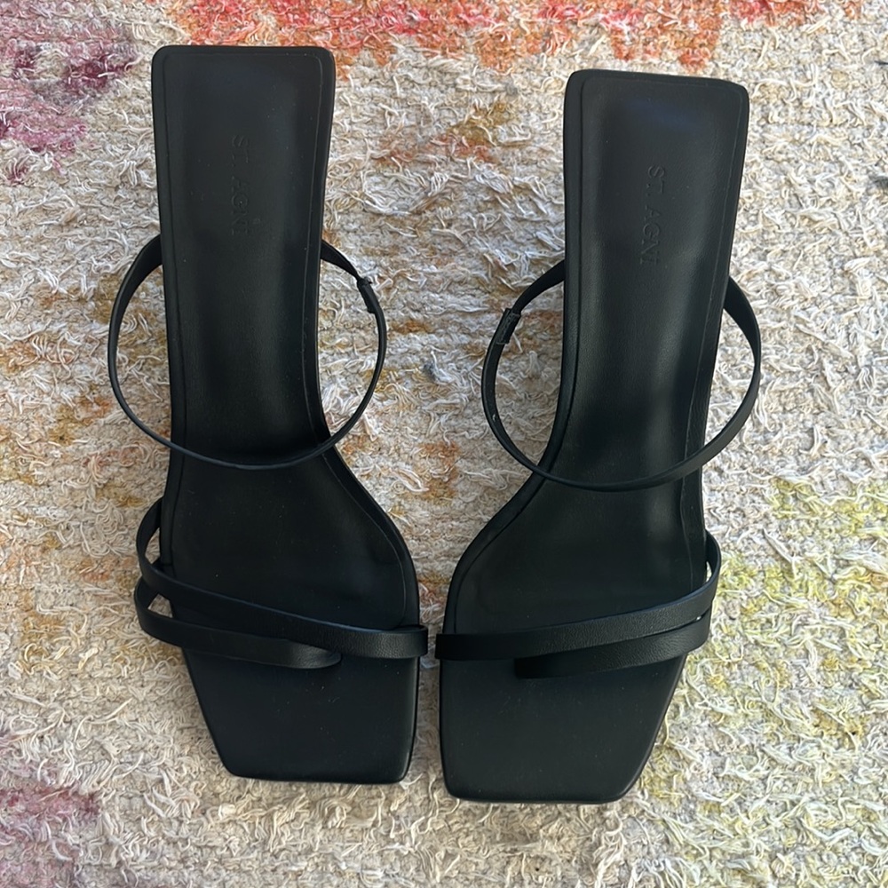 St. Agni Black Strappy Wedge Sandals - Picture 2 of 5